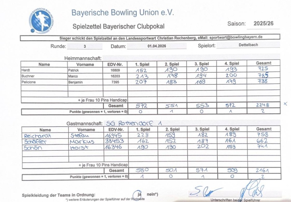 Spielzettel Clubpokal